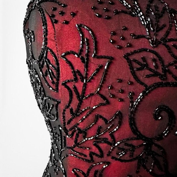Vintage Burgundy Red Floral Beaded Silk Bodycon Maxi Formal Prom Dress Size S/M - Picture 8 of 8